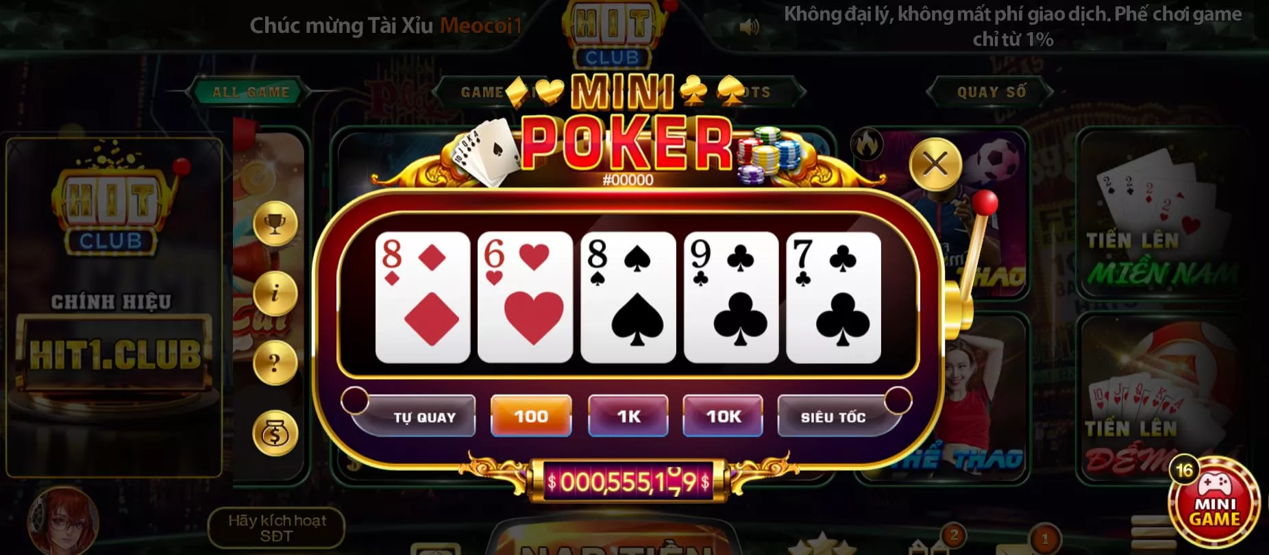 Mini Poker là mini game được ưa chuộng nhất Hit Club